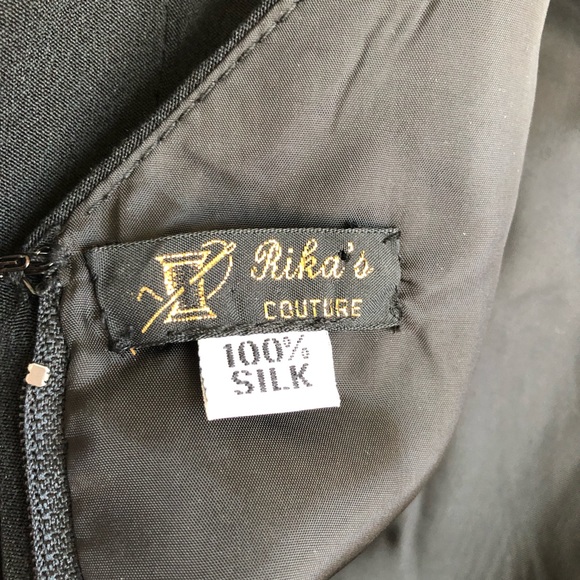 Vintage Black Square Sweatheart Neckline Puff Sleeve 100% Midi Silk Dress - Picture 15 of 16